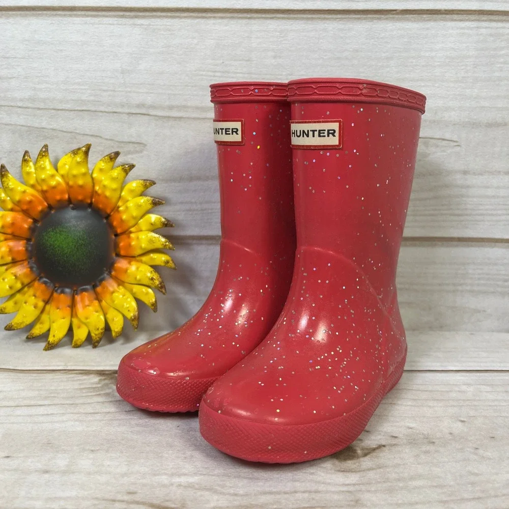 Hunter Kids Pink Glitter Waterproof Rain Boots UK 7 US 8 Toddler Sparkly Boots